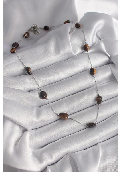 316L Çelik Gümüş Renk Zincir Kahverengi Doğaltaş Model Kadın Kolye fiyatları