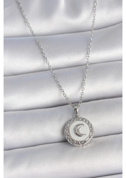 316L Çelik Gümüş Renk Zincir Beyaz Mineli Hilal Işlemeli Madalyon Model Kadın Kolye