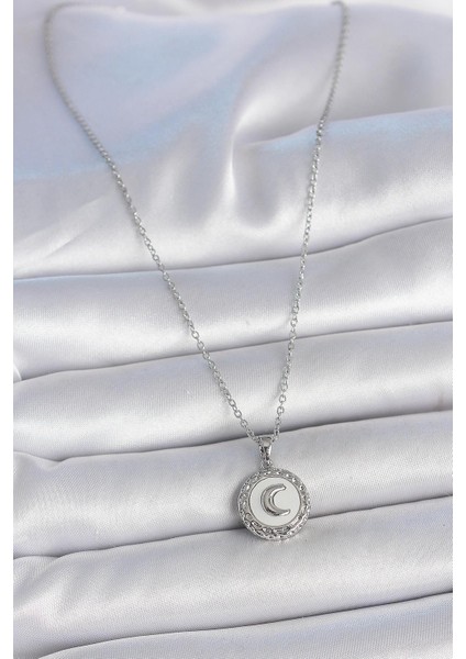 316L Çelik Gümüş Renk Zincir Beyaz Mineli Hilal Işlemeli Madalyon Model Kadın Kolye fiyatları