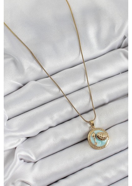 316L Çelik Zincir Turkuaz Mineli Sanatsal Portre Istiridye Model Gold Renk Kadın Kolye fiyatları