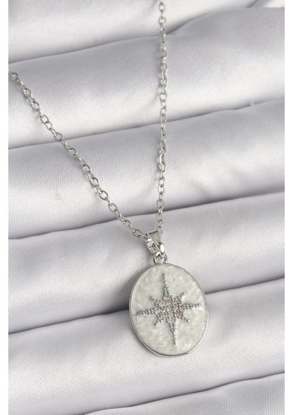 316L Çelik Gümüş Renk Zincir Beyaz Mineli Zirkon Taşlı Kutup Yıldız Işleme Kadın Kolye