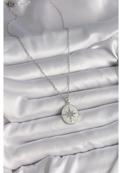 316L Çelik Gümüş Renk Zincir Beyaz Mineli Zirkon Taşlı Kutup Yıldız Işleme Kadın Kolye fiyatları