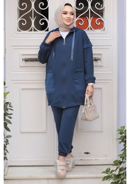 Kapşonlu Lacivert Tesettür Ikili Takım 20072L modelleri