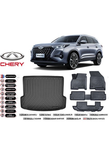 Chery Tiggo 8 7 Kişilik 2023 Model Bagaj Havuzu Araca Özel Siyah Extra Havuzlu Paspas Takımı