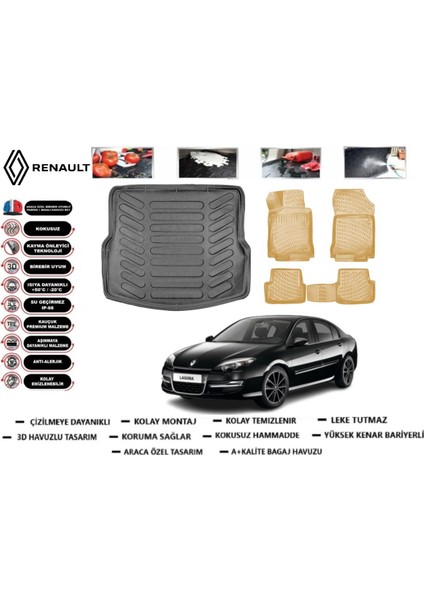 Renault Laguna 3 2013 Model Bagaj Havuzu(Paspası)+Araca Özel Bej Paspas Takımı Flex