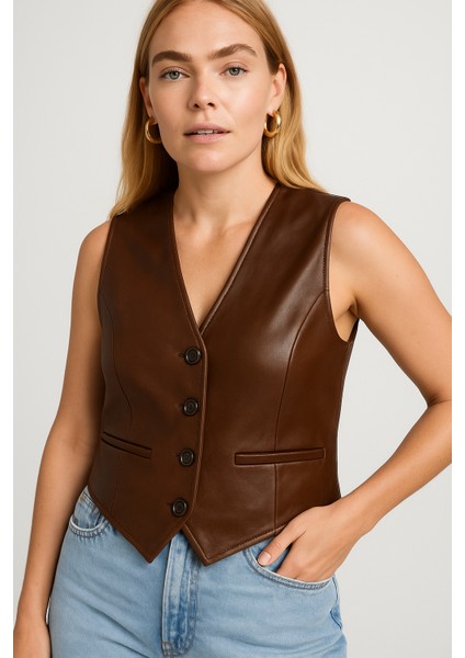 Hakiki Deri Kahverengi Kadın Yelek indirimleri