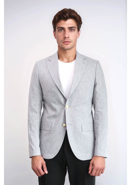 Gri Keten Dokulu Gold Renk Metal Düğmeli Slim Fit Erkek Blazer Ceket - Wessi fırsatları