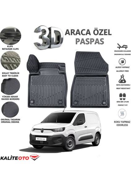 Citroen Berlingo Panelvan 2022 Model Tam Uyumlu Kokusuz 3D Havuzlu Paspas