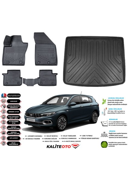 Fiat Egea Hatchback 2022 Model Tamir Kitli Esnek Bagaj Havuzu Araca Özel Siyah Paspas Takımı
