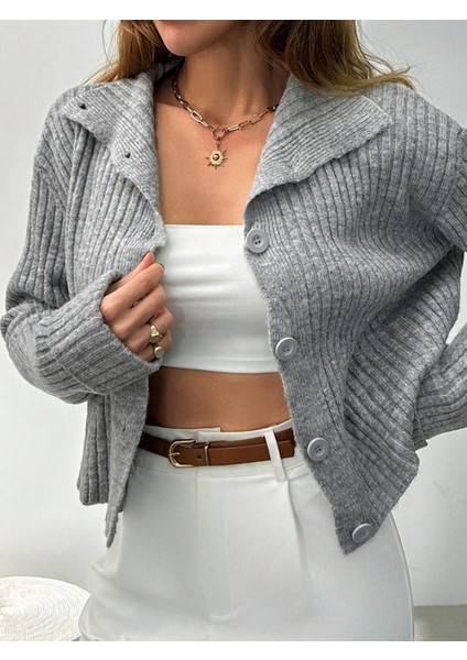 HRK0002 Kadın Gri Fitilli Yumuşak Dokulu Düğmeli Dik Yaka Hırka