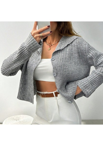 HRK0002 Kadın Gri Fitilli Yumuşak Dokulu Düğmeli Dik Yaka Hırka fiyatları