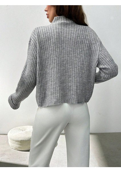 HRK0002 Kadın Gri Fitilli Yumuşak Dokulu Düğmeli Dik Yaka Hırka fırsatları