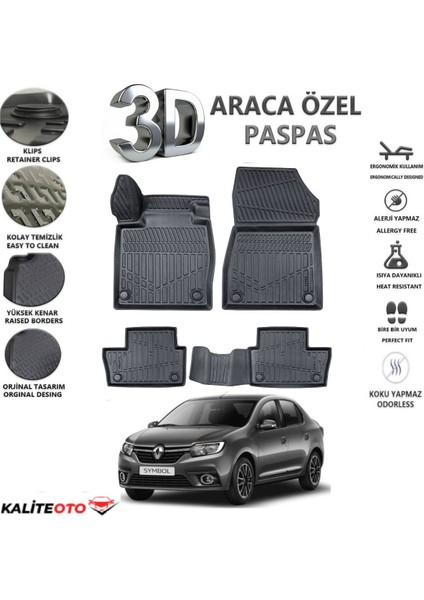 Renault Symbol 2017 Model Tam Uyumlu Kokusuz 3D Havuzlu Paspas