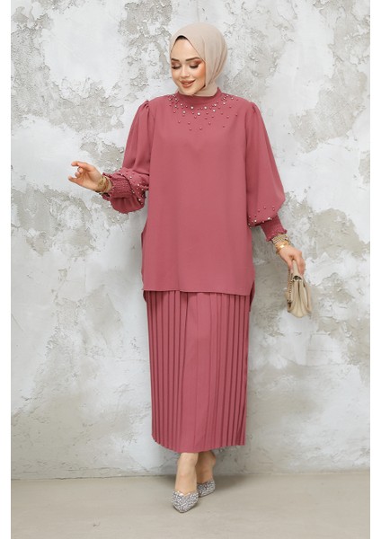 Inci Işlemeli Gül Kurusu Tesettür Etekli Ikili Takım 10991GK