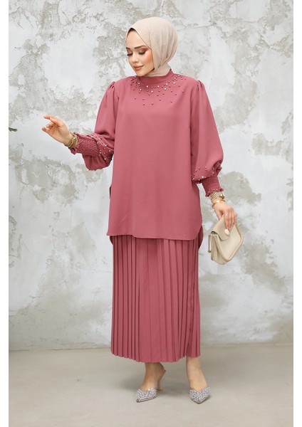 Inci Işlemeli Gül Kurusu Tesettür Etekli Ikili Takım 10991GK fiyatları