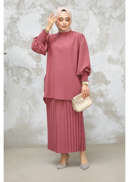 Inci Işlemeli Gül Kurusu Tesettür Etekli Ikili Takım 10991GK modelleri