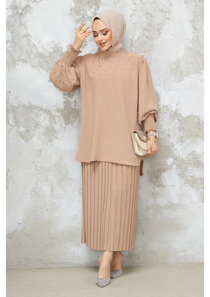 Inci Işlemeli Camel Tesettür Etekli Ikili Takım 10991C