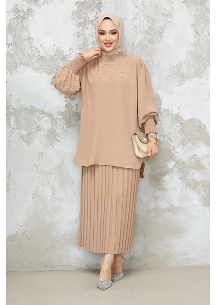 Inci Işlemeli Camel Tesettür Etekli Ikili Takım 10991C fiyatları