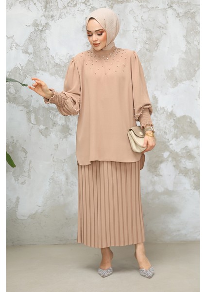 Inci Işlemeli Camel Tesettür Etekli Ikili Takım 10991C modelleri