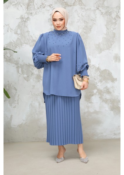 Inci Işlemeli Indigo Mavisi Tesettür Etekli Ikili Takım 10991IM