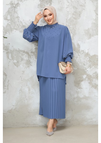 Inci Işlemeli Indigo Mavisi Tesettür Etekli Ikili Takım 10991IM fiyatları