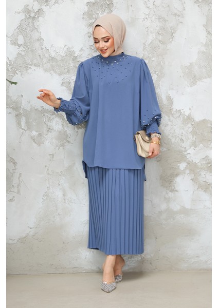Inci Işlemeli Indigo Mavisi Tesettür Etekli Ikili Takım 10991IM modelleri