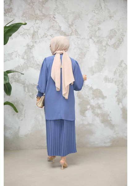 Inci Işlemeli Indigo Mavisi Tesettür Etekli Ikili Takım 10991IM fırsatları