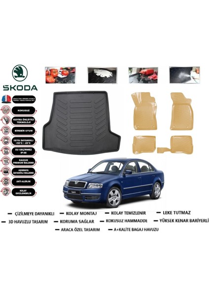 Skoda Super B 2003 Model Bagaj Havuzu(Paspası)+Araca Özel Bej Paspas Takımı Flex
