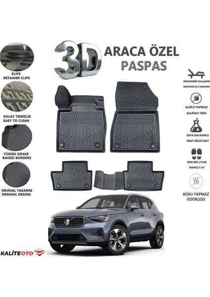 Volvo XC40 2018 Model Tam Uyumlu Kokusuz 3D Havuzlu Paspas