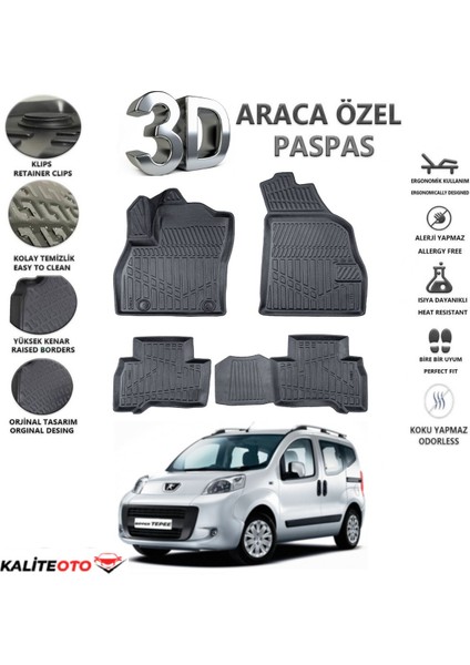 Peugeot Bipper 2012 Model Tam Uyumlu Kokusuz 3D Havuzlu Paspas