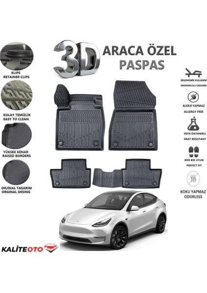 Tesla Model Y 2019 Model ve Sonrası Tam Uyumlu Kokusuz 3D Havuzlu Paspas