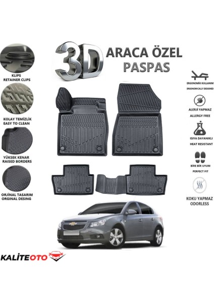 Chevrolet Cruze Hatchback 2012 Model Tam Uyumlu Kokusuz 3D Havuzlu Paspas