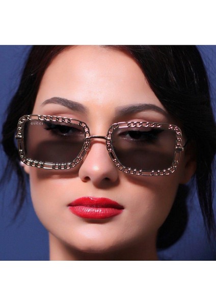 GG1112S 001 54-22 Kadın Füme Mat Camlı Altın Çerçeve Dikdörtgen Güneş Gözlüğü fiyatları