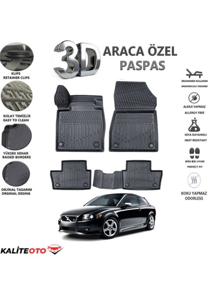 Volvo C30 2007 Model Tam Uyumlu Kokusuz 3D Havuzlu Paspas
