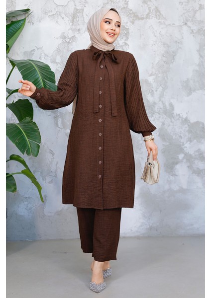 Kolları Pileli Koyu Kahverengi Tesettür Ikili Takım 51991KKH fiyatları
