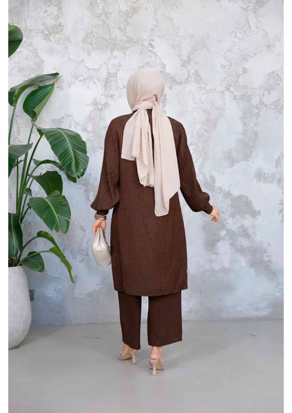 Kolları Pileli Koyu Kahverengi Tesettür Ikili Takım 51991KKH modelleri