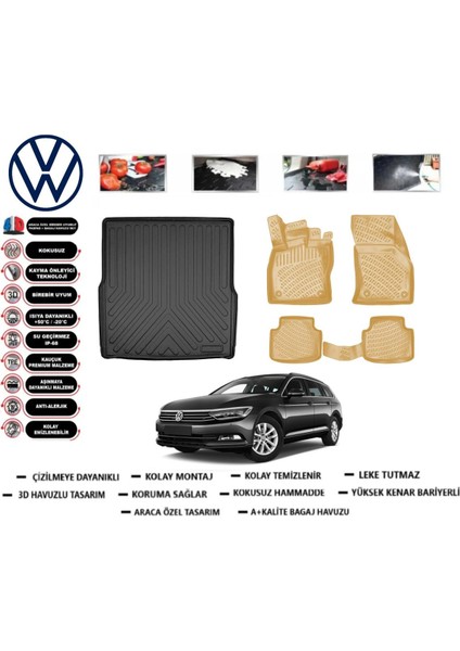 Volkswagen Passat B8 Variant 2019 Model Bagaj Havuzu(Paspası)+Araca Özel Bej Paspas Takımı Flex