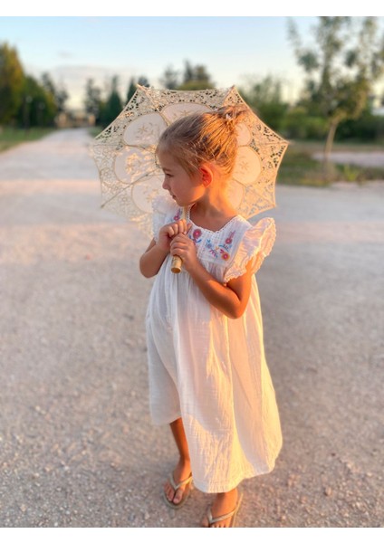 Nakışlı Organik Müslin Elbise 2-8 Yaş Ekru