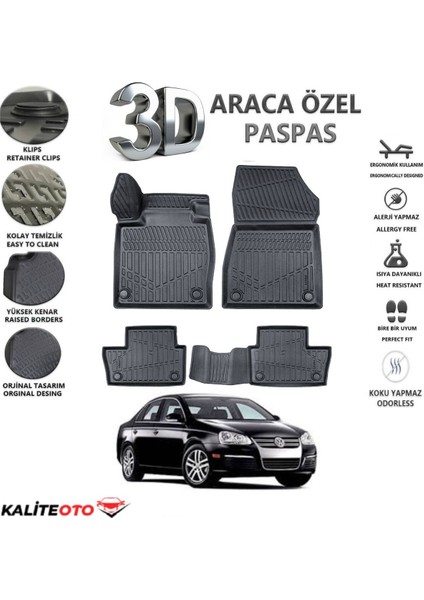 Volkswagen Jetta 2009 Model Tam Uyumlu Kokusuz 3D Havuzlu Paspas
