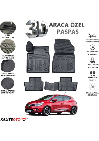 Renault Clio 4 2016 Model Tam Uyumlu Kokusuz 3D Havuzlu Paspas