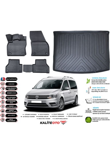 Volkswagen Caddy 2016 Model Esnek Bagaj Havuzu Araca Özel Siyah Paspas Takımı