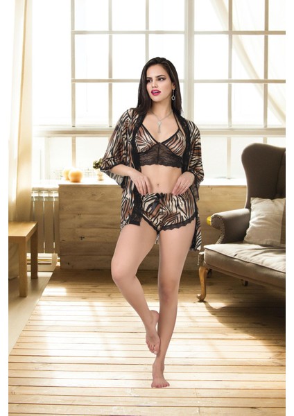 Izabel Kadın Desanlli Üçlü Şortlu Sabahlık Takım fiyatları