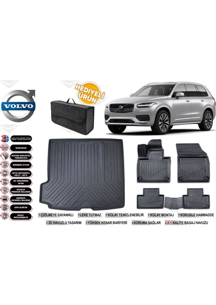 Volvo XC90 2019 Model 5 Koltuk Bagaj Havuzu+4d Araca Özel Havuzlu Paspas Takımıı Rice