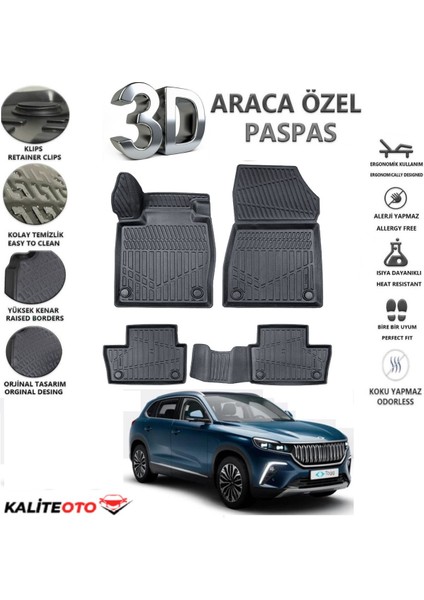 Togg T10X 2023 Model Tam Uyumlu Kokusuz 3D Havuzlu Paspas