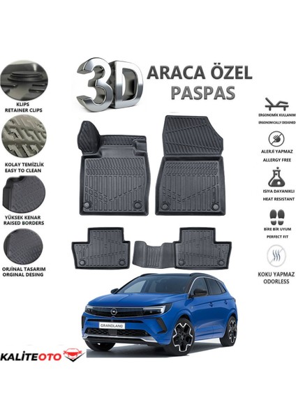 Opel Grandland 2023 Model Tam Uyumlu Kokusuz 3D Havuzlu Paspas