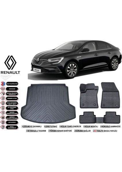 Renault Megane 4 2024 Model Çift Kulak Bagaj Havuzu Araca Özel Siyah Extra Havuzlu Paspas Takımı