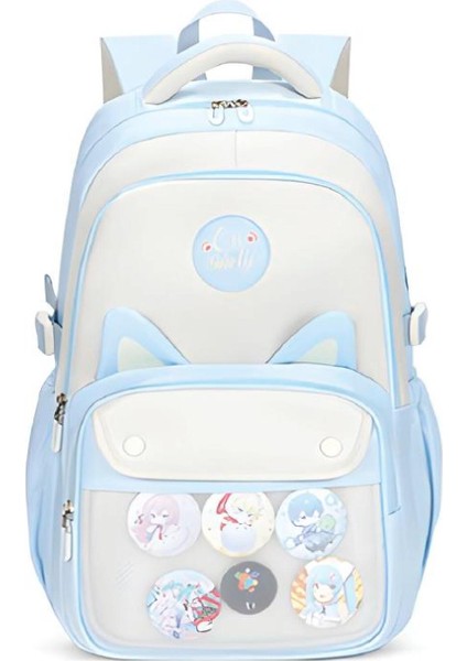 3 Bölmeli Uniqe Cats Kolej Okul Sırt Çantası Açık Mavi (MU-1803)