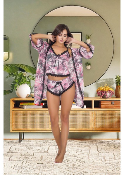 Izabel Kadın Desanlli Üçlü Şortlu Sabahlık Takım fiyatları