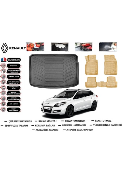 Renault Megane 3 Sport Tourer 2013 Model Bagaj Havuzu(Paspası)+Araca Özel Bej Paspas Takımı Flex