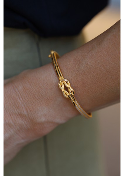 14 Ayar Altın Cimarlı Çift Katlı Kalemli Sonsuzluk Düğümü Detaylı Kelepçe